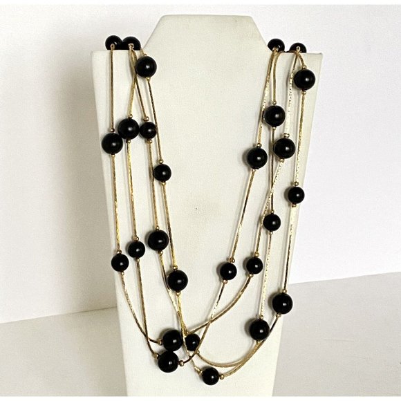 4-Strand Executive Style Black Glass Beads and Gold Tone Necklace 24” - Picture 1 of 4